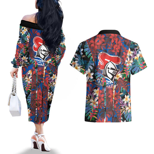 Newcastle Knights Couples Matching Off The Shoulder Long Sleeve Dress and Hawaiian Shirt Tropical Hibiscus Floral Pattern With Blue And Red Accents