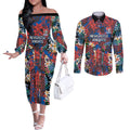 Newcastle Knights Couples Matching Off The Shoulder Long Sleeve Dress and Long Sleeve Button Shirt Tropical Hibiscus Floral Pattern With Blue And Red Accents