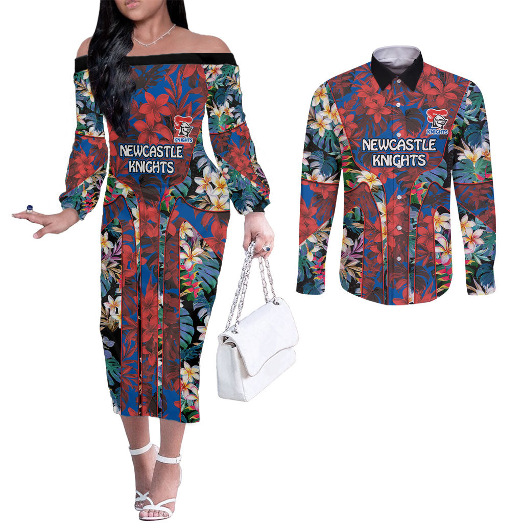 Newcastle Knights Couples Matching Off The Shoulder Long Sleeve Dress and Long Sleeve Button Shirt Tropical Hibiscus Floral Pattern With Blue And Red Accents