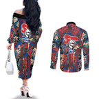 Newcastle Knights Couples Matching Off The Shoulder Long Sleeve Dress and Long Sleeve Button Shirt Tropical Hibiscus Floral Pattern With Blue And Red Accents