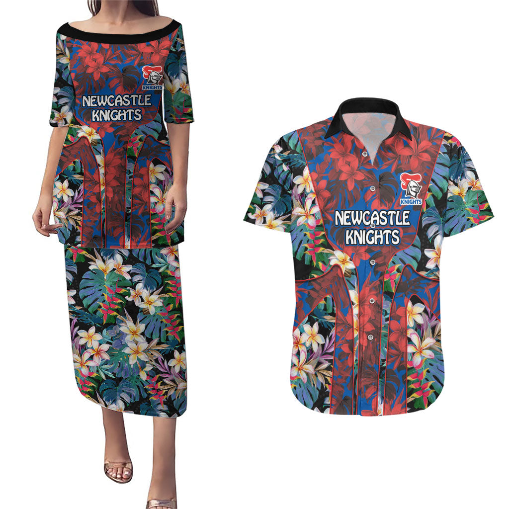 Newcastle Knights Couples Matching Puletasi and Hawaiian Shirt Tropical Hibiscus Floral Pattern With Blue And Red Accents