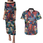 Newcastle Knights Couples Matching Puletasi and Hawaiian Shirt Tropical Hibiscus Floral Pattern With Blue And Red Accents