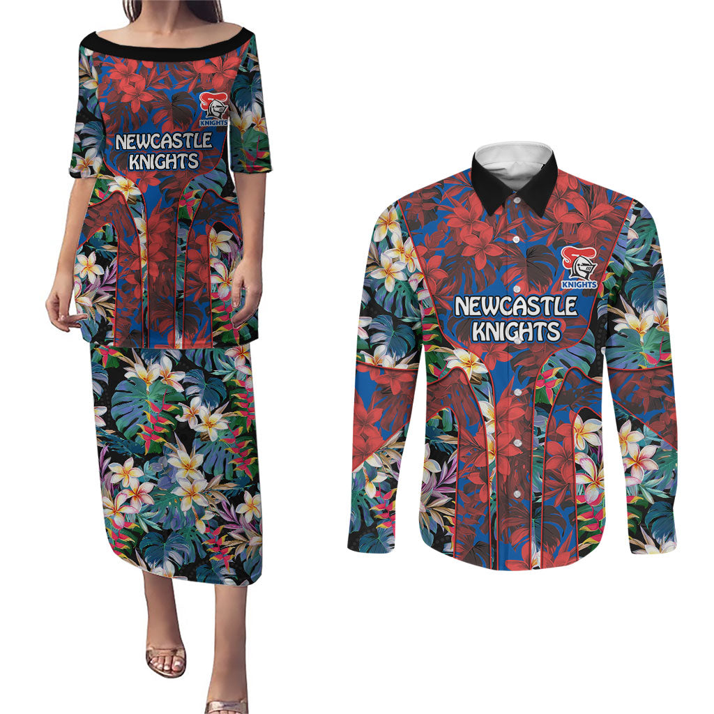 Newcastle Knights Couples Matching Puletasi and Long Sleeve Button Shirt Tropical Hibiscus Floral Pattern With Blue And Red Accents