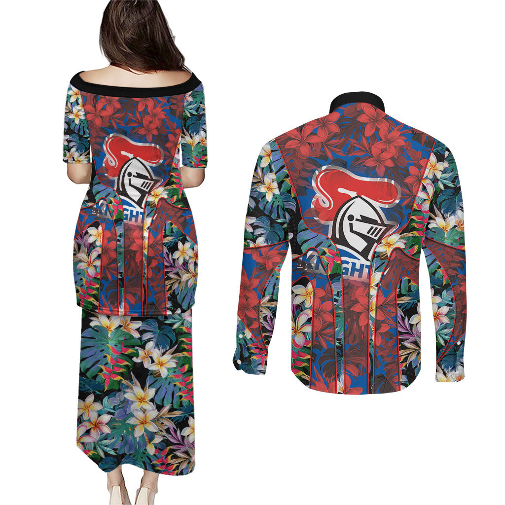 Newcastle Knights Couples Matching Puletasi and Long Sleeve Button Shirt Tropical Hibiscus Floral Pattern With Blue And Red Accents