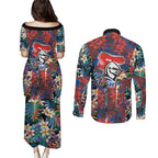 Newcastle Knights Couples Matching Puletasi and Long Sleeve Button Shirt Tropical Hibiscus Floral Pattern With Blue And Red Accents