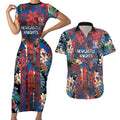 Newcastle Knights Couples Matching Short Sleeve Bodycon Dress and Hawaiian Shirt Tropical Hibiscus Floral Pattern With Blue And Red Accents