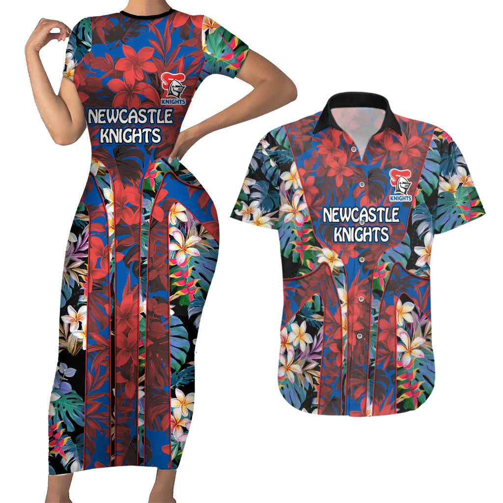 Newcastle Knights Couples Matching Short Sleeve Bodycon Dress and Hawaiian Shirt Tropical Hibiscus Floral Pattern With Blue And Red Accents