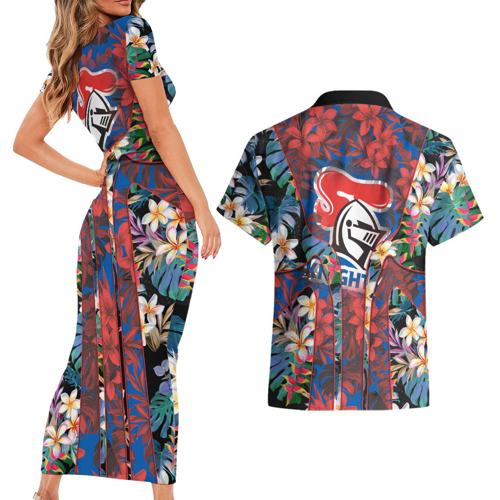 Newcastle Knights Couples Matching Short Sleeve Bodycon Dress and Hawaiian Shirt Tropical Hibiscus Floral Pattern With Blue And Red Accents