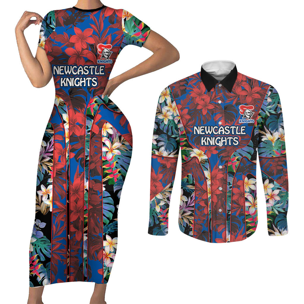 Newcastle Knights Couples Matching Short Sleeve Bodycon Dress and Long Sleeve Button Shirt Tropical Hibiscus Floral Pattern With Blue And Red Accents