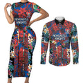 Newcastle Knights Couples Matching Short Sleeve Bodycon Dress and Long Sleeve Button Shirt Tropical Hibiscus Floral Pattern With Blue And Red Accents