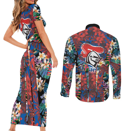 Newcastle Knights Couples Matching Short Sleeve Bodycon Dress and Long Sleeve Button Shirt Tropical Hibiscus Floral Pattern With Blue And Red Accents