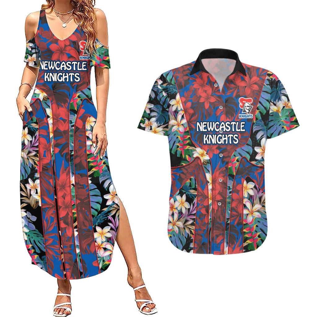 Newcastle Knights Couples Matching Summer Maxi Dress and Hawaiian Shirt Tropical Hibiscus Floral Pattern With Blue And Red Accents