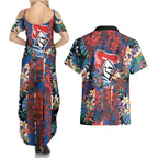 Newcastle Knights Couples Matching Summer Maxi Dress and Hawaiian Shirt Tropical Hibiscus Floral Pattern With Blue And Red Accents