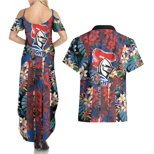 Newcastle Knights Couples Matching Summer Maxi Dress and Hawaiian Shirt Tropical Hibiscus Floral Pattern With Blue And Red Accents