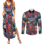 Newcastle Knights Couples Matching Summer Maxi Dress and Long Sleeve Button Shirt Tropical Hibiscus Floral Pattern With Blue And Red Accents