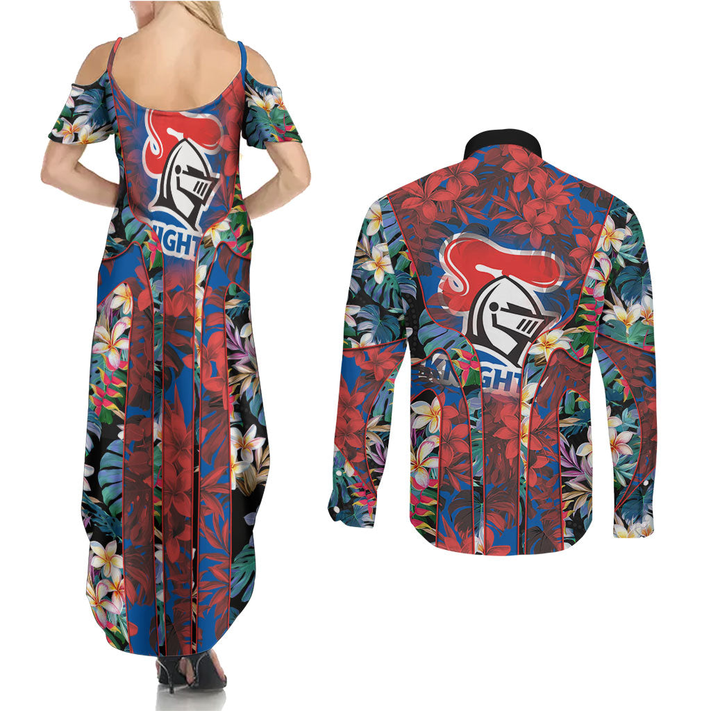 Newcastle Knights Couples Matching Summer Maxi Dress and Long Sleeve Button Shirt Tropical Hibiscus Floral Pattern With Blue And Red Accents