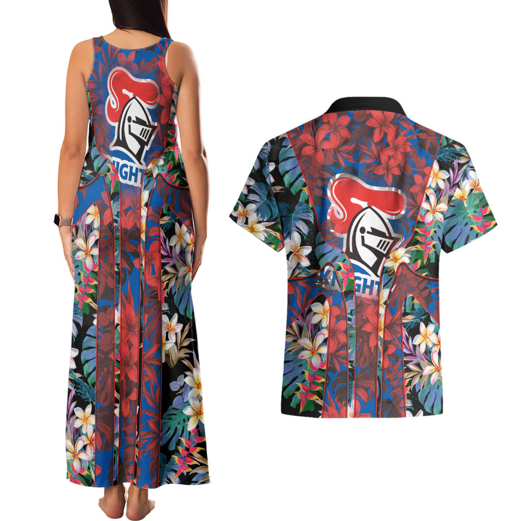Newcastle Knights Couples Matching Tank Maxi Dress and Hawaiian Shirt Tropical Hibiscus Floral Pattern With Blue And Red Accents
