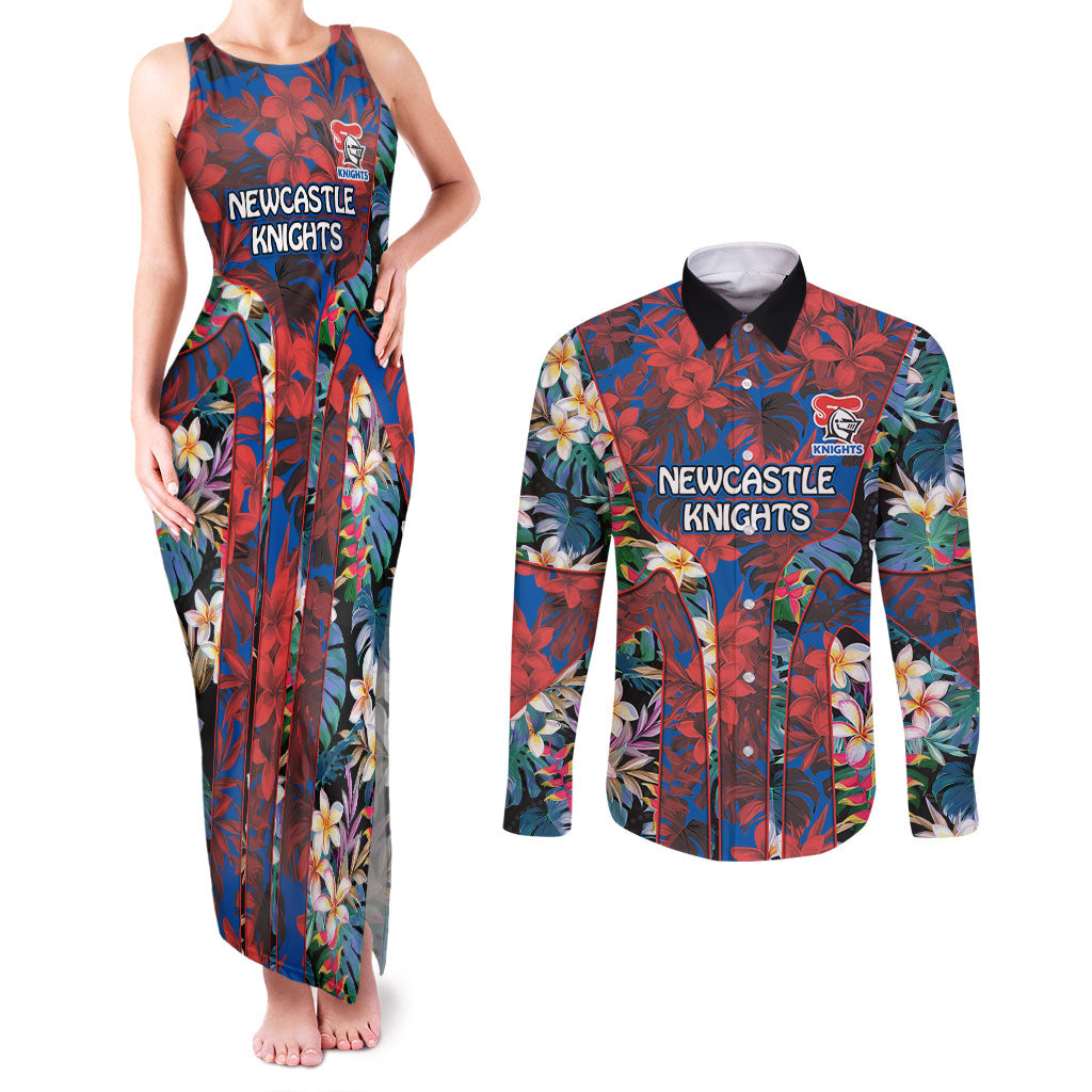 Newcastle Knights Couples Matching Tank Maxi Dress and Long Sleeve Button Shirt Tropical Hibiscus Floral Pattern With Blue And Red Accents