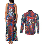 Newcastle Knights Couples Matching Tank Maxi Dress and Long Sleeve Button Shirt Tropical Hibiscus Floral Pattern With Blue And Red Accents