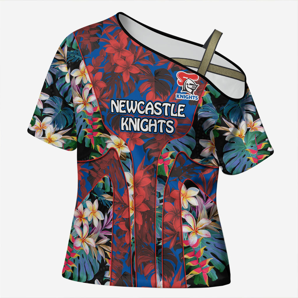 Newcastle Knights Cross Shoulder Shirt Tropical Hibiscus Floral Pattern With Blue And Red Accents