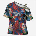 Newcastle Knights Cross Shoulder Shirt Tropical Hibiscus Floral Pattern With Blue And Red Accents