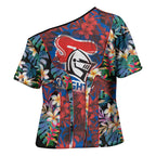 Newcastle Knights Cross Shoulder Shirt Tropical Hibiscus Floral Pattern With Blue And Red Accents