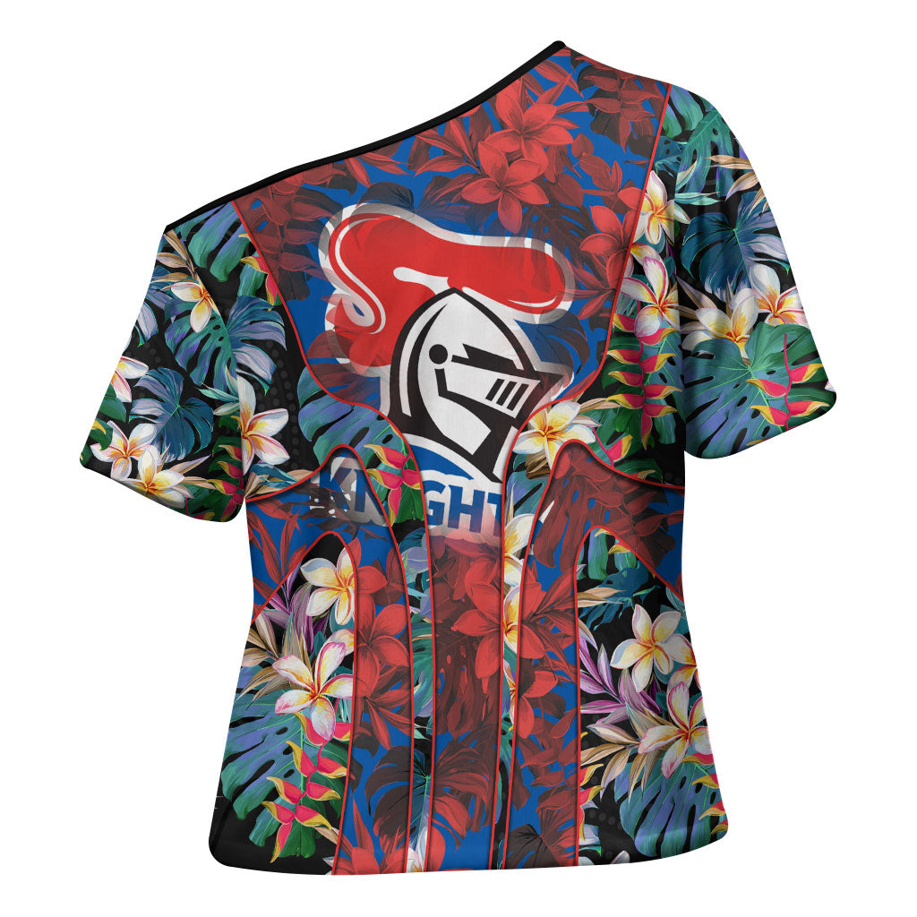 Newcastle Knights Cross Shoulder Shirt Tropical Hibiscus Floral Pattern With Blue And Red Accents