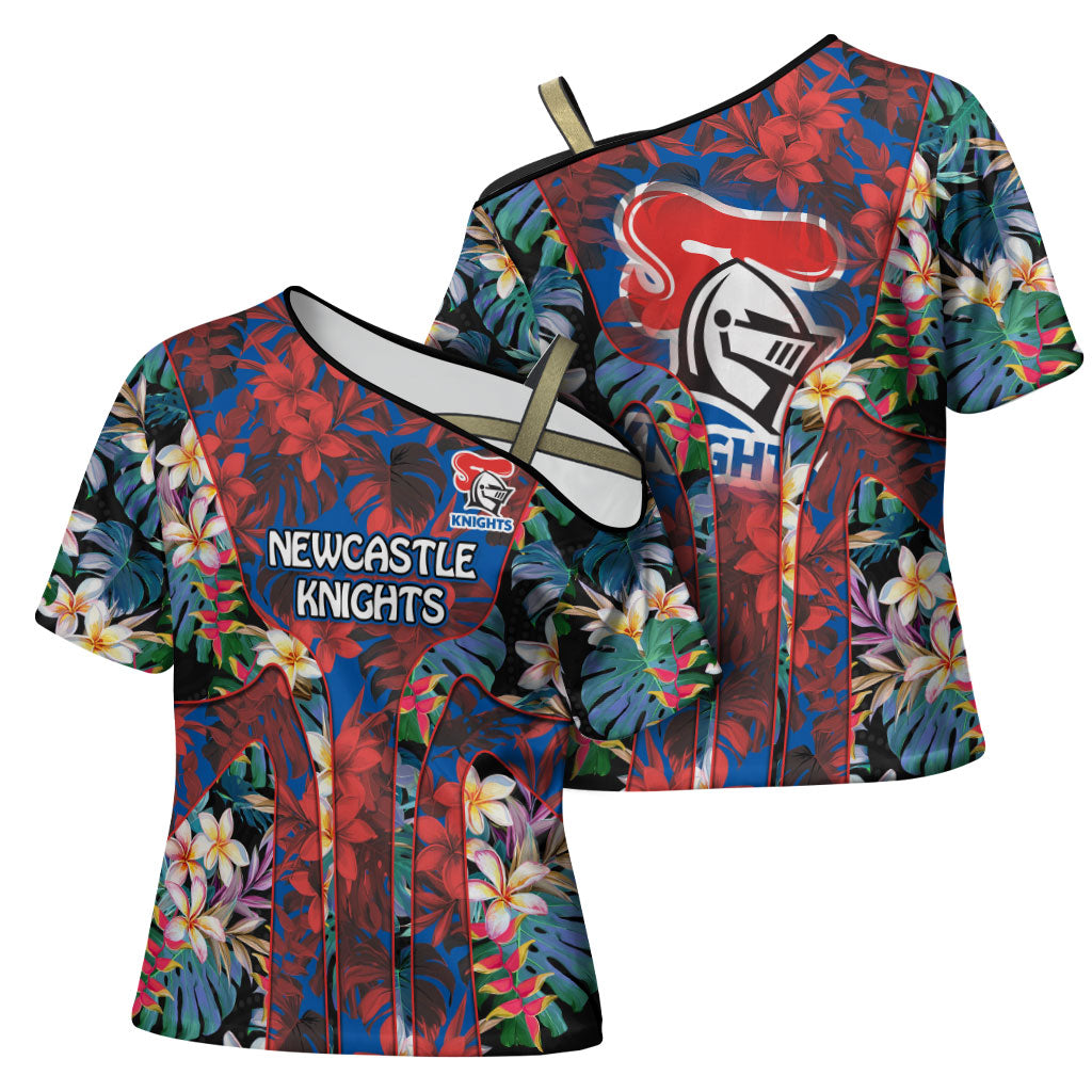 Newcastle Knights Cross Shoulder Shirt Tropical Hibiscus Floral Pattern With Blue And Red Accents