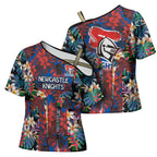 Newcastle Knights Cross Shoulder Shirt Tropical Hibiscus Floral Pattern With Blue And Red Accents