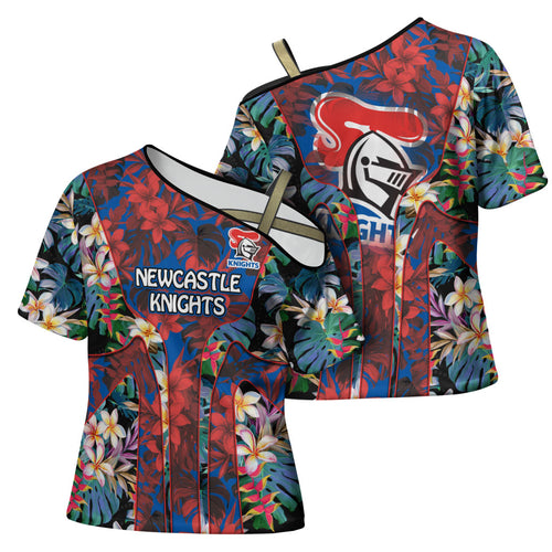 Newcastle Knights Cross Shoulder Shirt Tropical Hibiscus Floral Pattern With Blue And Red Accents