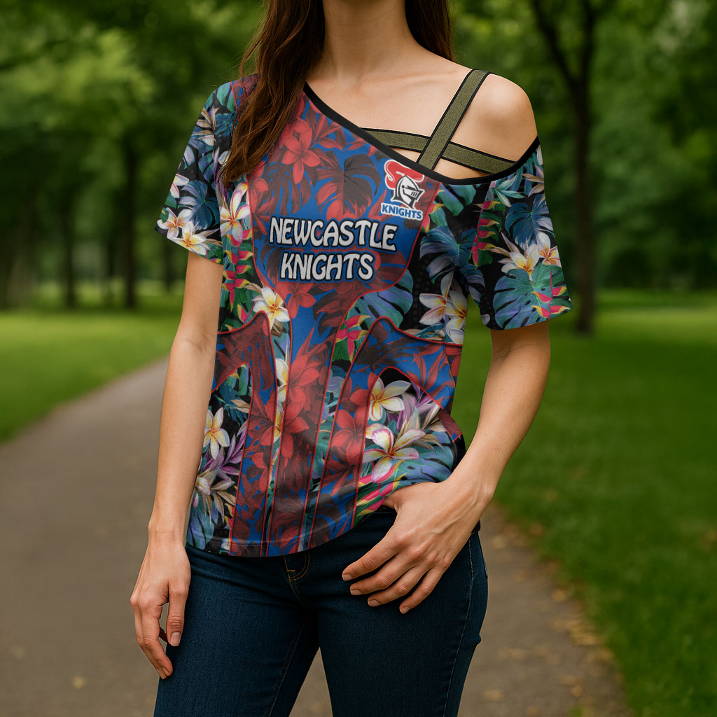 Newcastle Knights Cross Shoulder Shirt Tropical Hibiscus Floral Pattern With Blue And Red Accents
