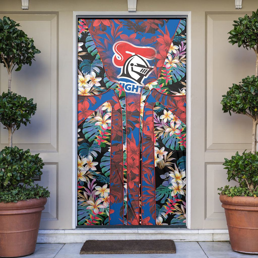 Newcastle Knights Door Cover Tropical Hibiscus Floral Pattern With Blue And Red Accents