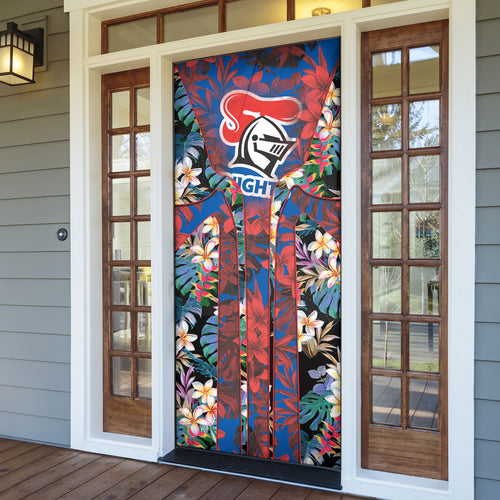 Newcastle Knights Door Cover Tropical Hibiscus Floral Pattern With Blue And Red Accents