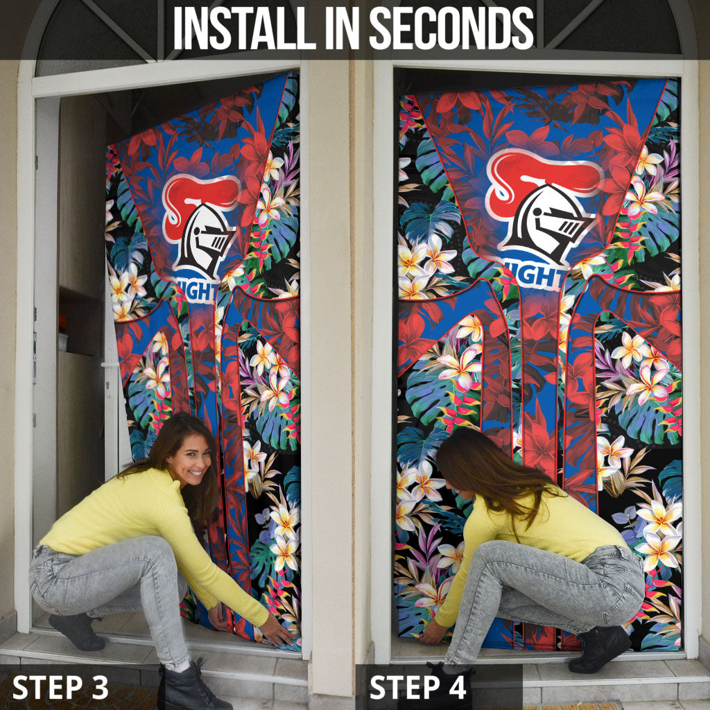 Newcastle Knights Door Cover Tropical Hibiscus Floral Pattern With Blue And Red Accents
