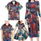Newcastle Knights Family Matching Long Sleeve Bodycon Dress and Hawaiian Shirt Tropical Hibiscus Floral Pattern With Blue And Red Accents