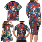 Newcastle Knights Family Matching Long Sleeve Bodycon Dress and Hawaiian Shirt Tropical Hibiscus Floral Pattern With Blue And Red Accents