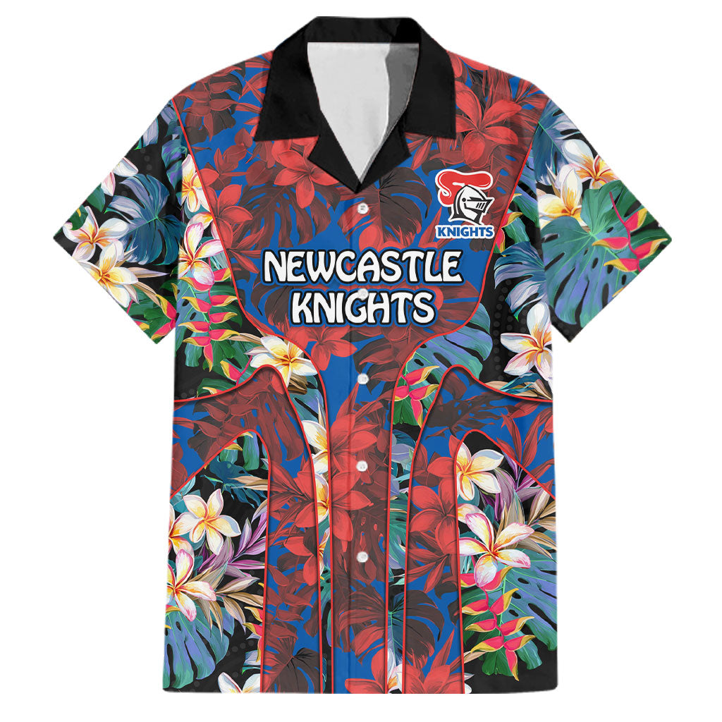 Newcastle Knights Family Matching Long Sleeve Bodycon Dress and Hawaiian Shirt Tropical Hibiscus Floral Pattern With Blue And Red Accents