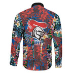 Newcastle Knights Family Matching Long Sleeve Bodycon Dress and Hawaiian Shirt Tropical Hibiscus Floral Pattern With Blue And Red Accents