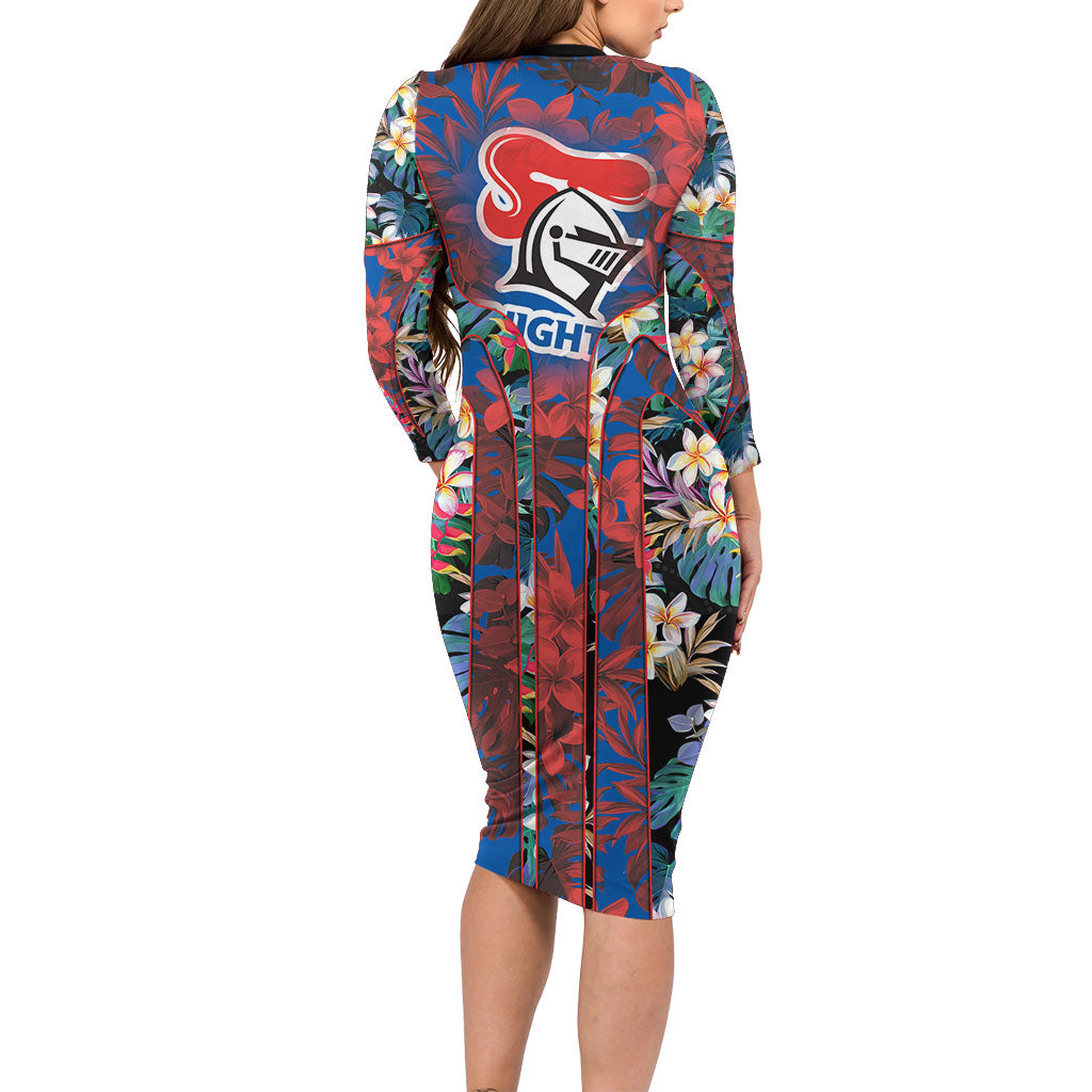 Newcastle Knights Family Matching Long Sleeve Bodycon Dress and Hawaiian Shirt Tropical Hibiscus Floral Pattern With Blue And Red Accents
