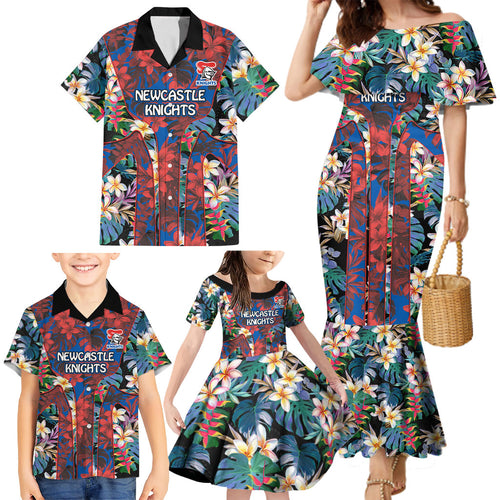 Newcastle Knights Family Matching Mermaid Dress and Hawaiian Shirt Tropical Hibiscus Floral Pattern With Blue And Red Accents