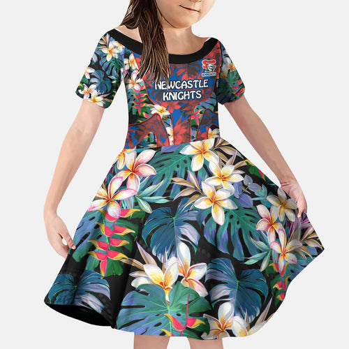 Newcastle Knights Family Matching Mermaid Dress and Hawaiian Shirt Tropical Hibiscus Floral Pattern With Blue And Red Accents