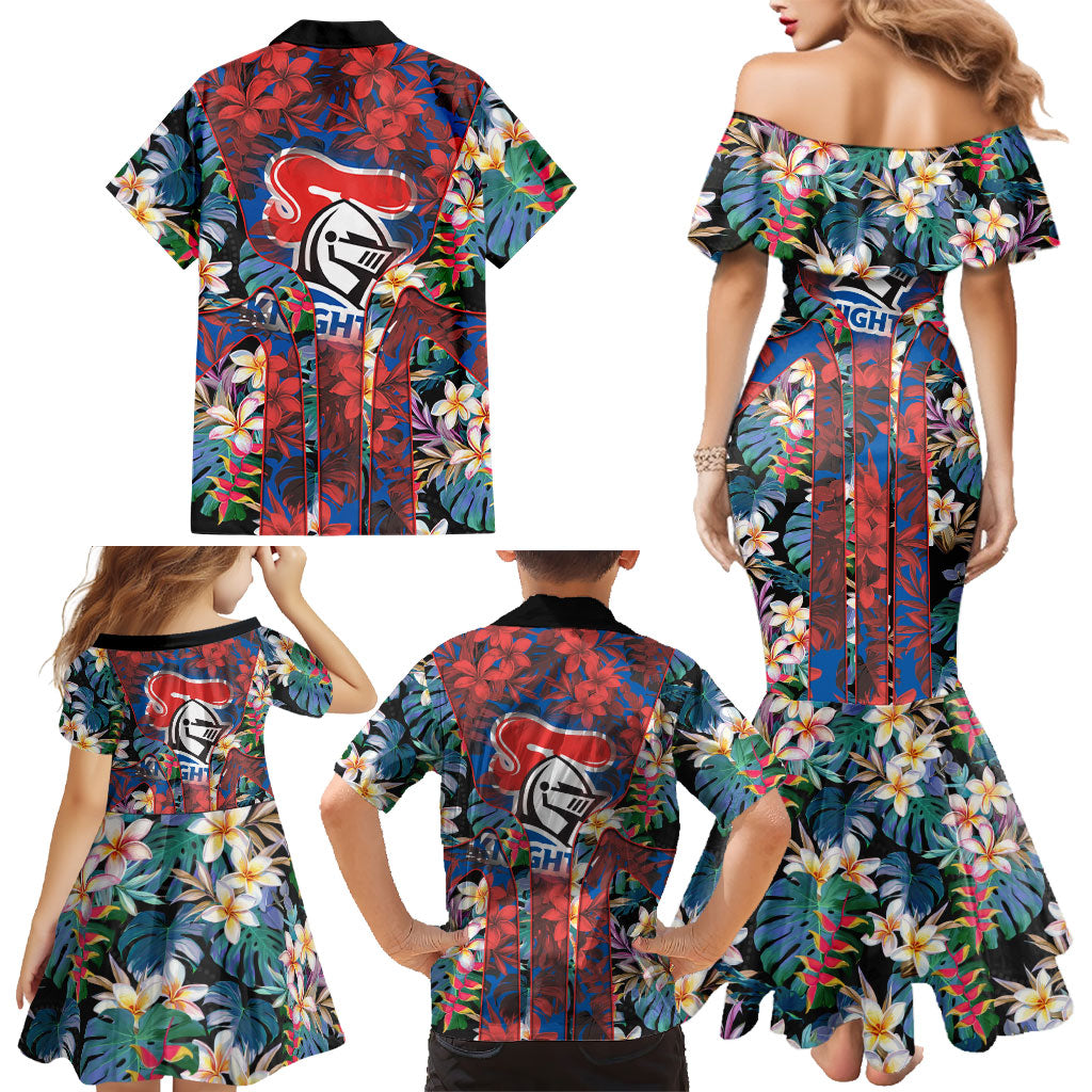Newcastle Knights Family Matching Mermaid Dress and Hawaiian Shirt Tropical Hibiscus Floral Pattern With Blue And Red Accents