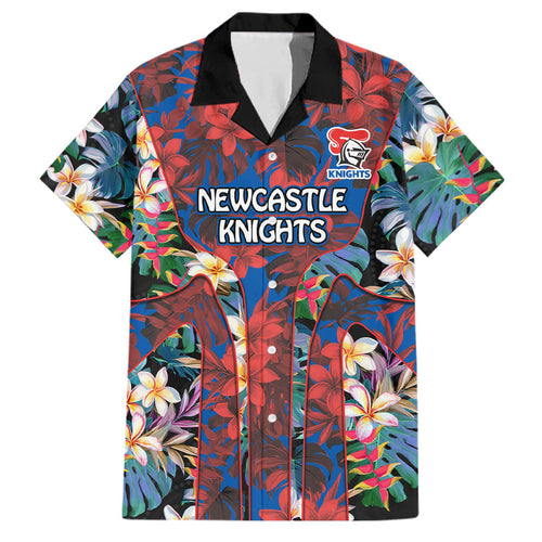 Newcastle Knights Family Matching Mermaid Dress and Hawaiian Shirt Tropical Hibiscus Floral Pattern With Blue And Red Accents