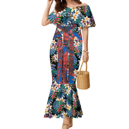 Newcastle Knights Family Matching Mermaid Dress and Hawaiian Shirt Tropical Hibiscus Floral Pattern With Blue And Red Accents