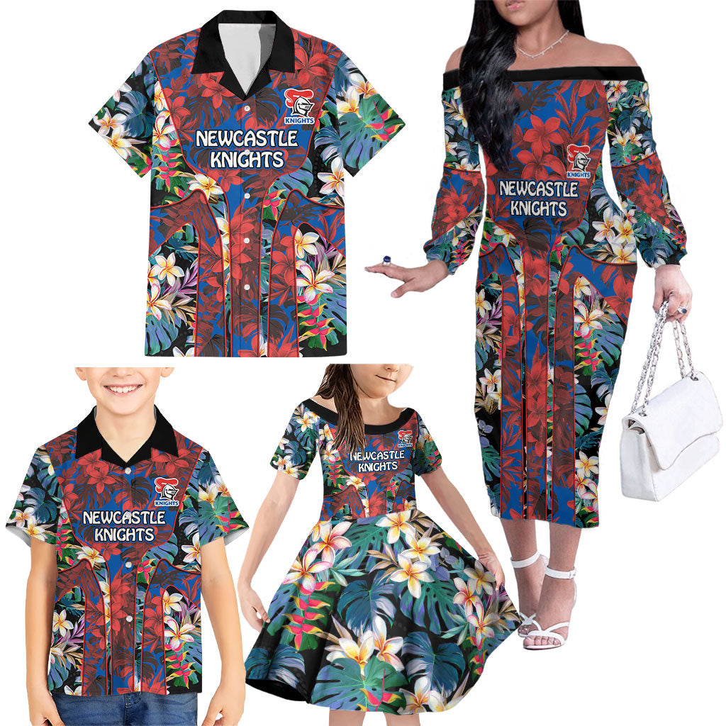 Newcastle Knights Family Matching Off The Shoulder Long Sleeve Dress and Hawaiian Shirt Tropical Hibiscus Floral Pattern With Blue And Red Accents