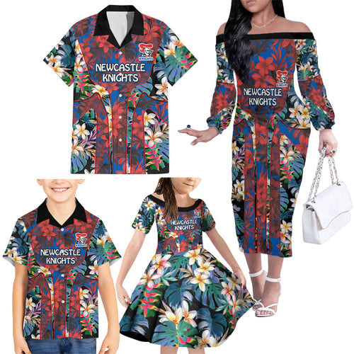 Newcastle Knights Family Matching Off The Shoulder Long Sleeve Dress and Hawaiian Shirt Tropical Hibiscus Floral Pattern With Blue And Red Accents