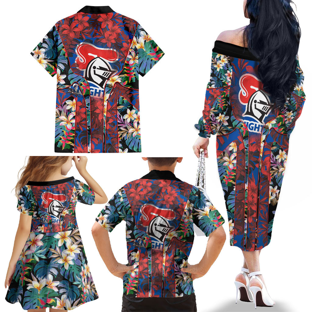 Newcastle Knights Family Matching Off The Shoulder Long Sleeve Dress and Hawaiian Shirt Tropical Hibiscus Floral Pattern With Blue And Red Accents