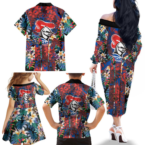 Newcastle Knights Family Matching Off The Shoulder Long Sleeve Dress and Hawaiian Shirt Tropical Hibiscus Floral Pattern With Blue And Red Accents