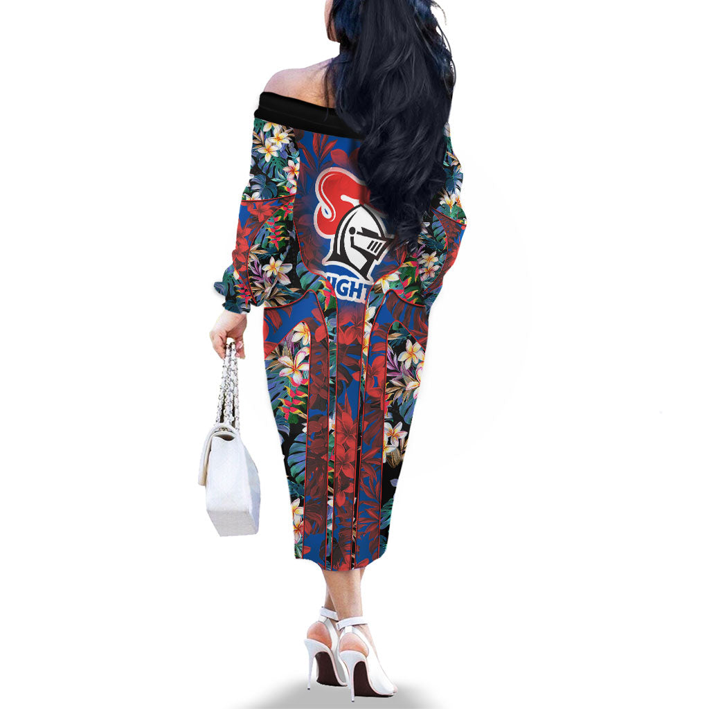 Newcastle Knights Family Matching Off The Shoulder Long Sleeve Dress and Hawaiian Shirt Tropical Hibiscus Floral Pattern With Blue And Red Accents