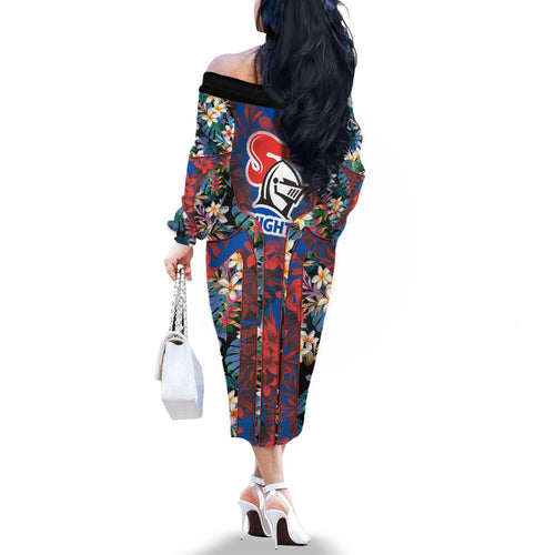 Newcastle Knights Family Matching Off The Shoulder Long Sleeve Dress and Hawaiian Shirt Tropical Hibiscus Floral Pattern With Blue And Red Accents